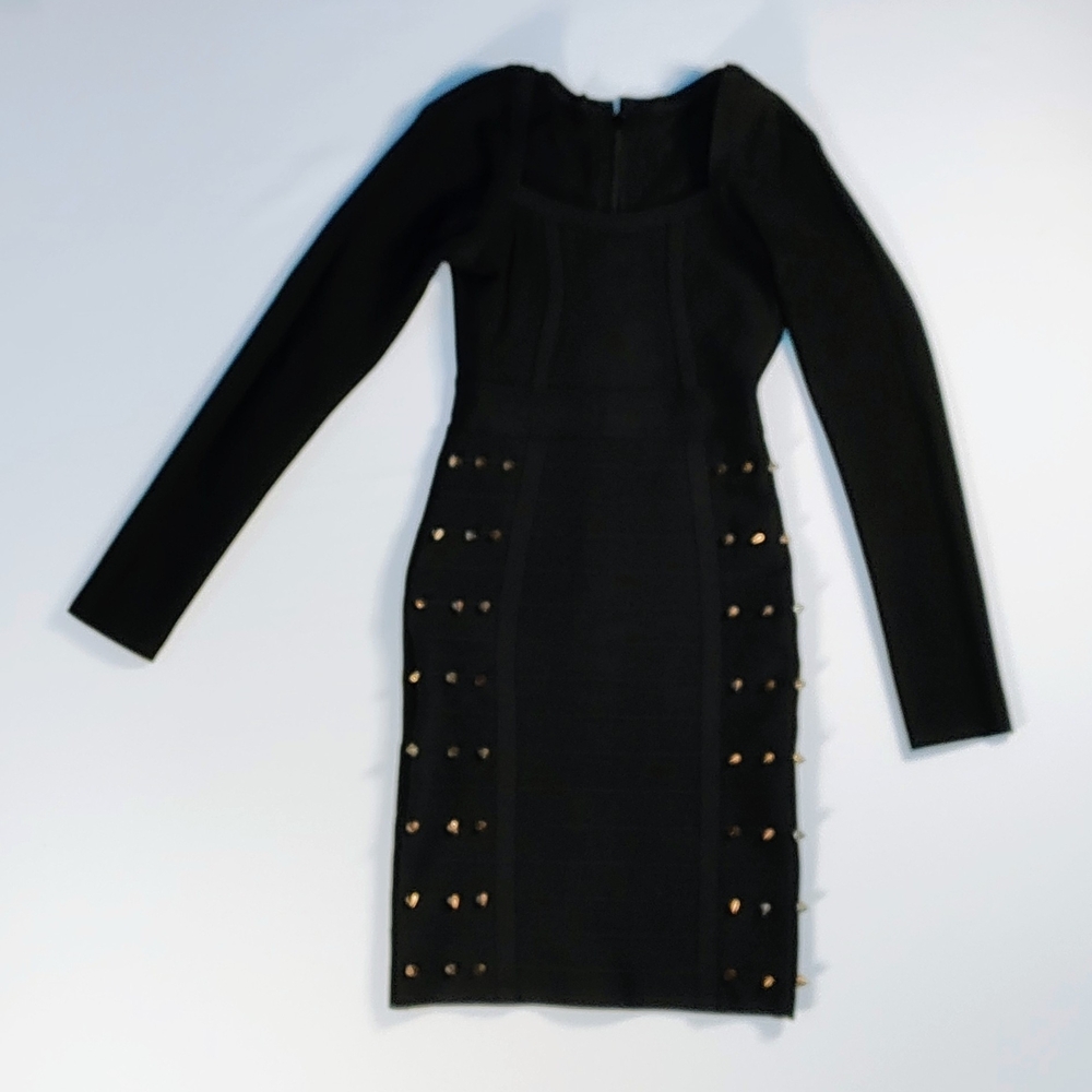 Black Long-Sleeve Bodycon Dress with Stud Detail
